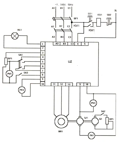 Принципиальная электрическая схема управления электродвигателями постоянного тока с реверсом