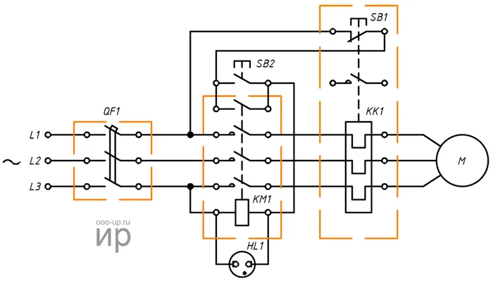Нереверсивнпя схема подключения трехфазного асинхронного двигателя через магнитный пускатель