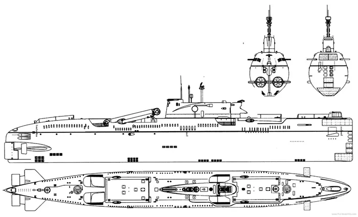 Чертеж корпуса советской дизель-электрической подводной лодки проекта 651