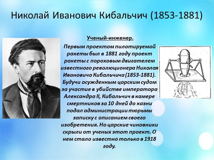 Николай Иванович Кибальчич (1853-1881) Ученый и инженер. Первый проект пилотного проекта.