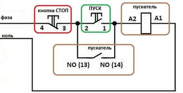 Схема включения магнитного пускателя с кнопками