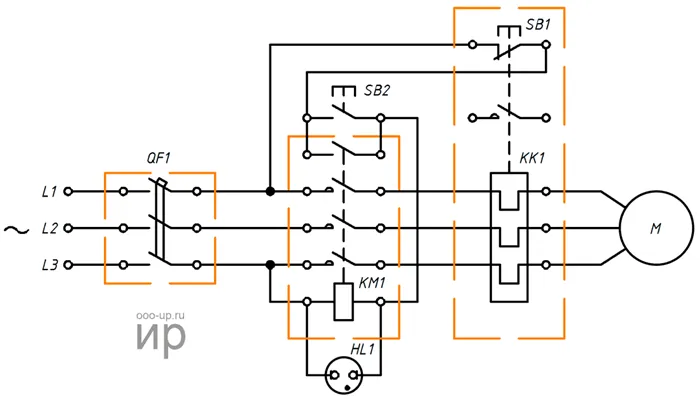 Асинхронная схема для трехфазных асинхронных двигателей с магнитным пускателем