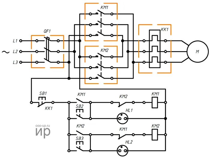 Реверсивная схема для трехфазных асинхронных двигателей с магнитным пускателем.