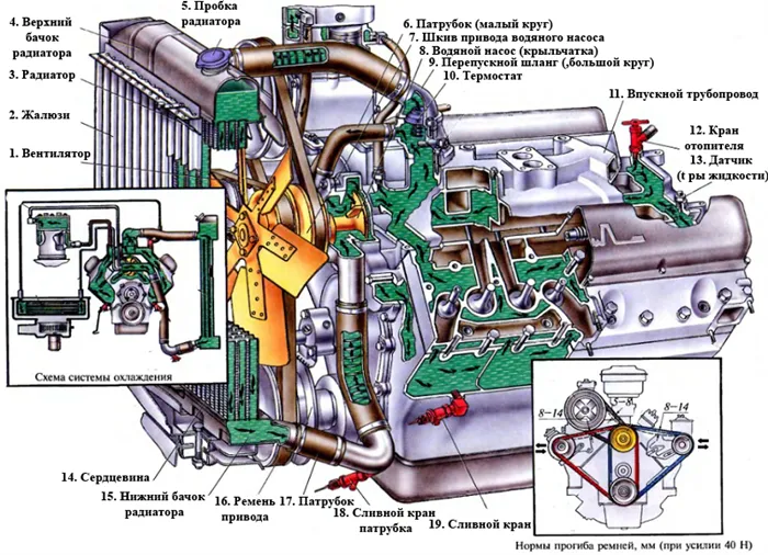 Конструкция системы охлаждения двигателя