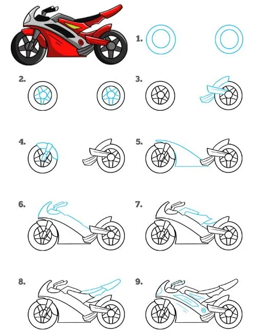 Мотоцикл рисунок для детей карандашом поэтапно
