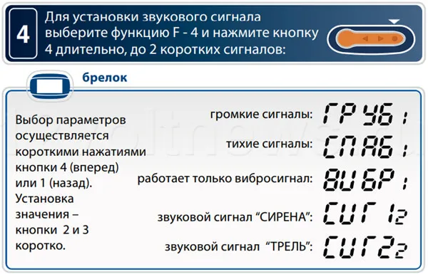 Настройка типа звукового сигнала на брелке Старлайн Е90