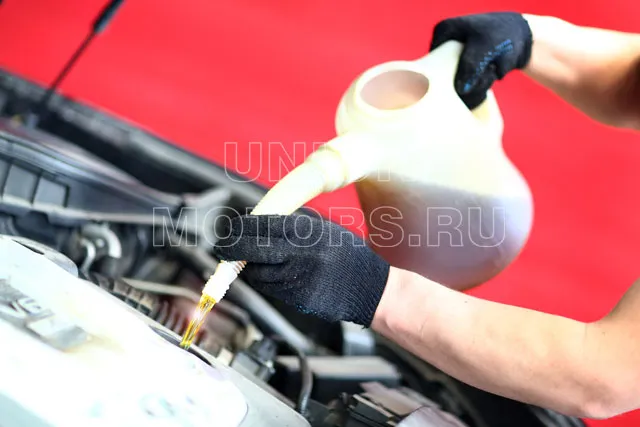 Замена моторного масла Nissan в техцентре Юнион Моторс: заливаем новое моторное масло в двигатель