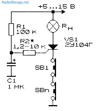 Схема простого тиристорного коммутатора нагрузки с двумя кнопками