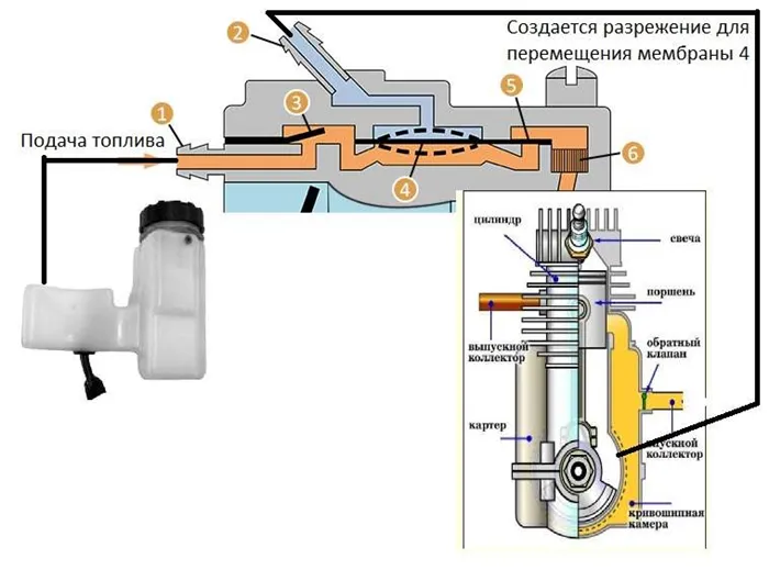Принцип подачи топлива в карбюратор бензопилы