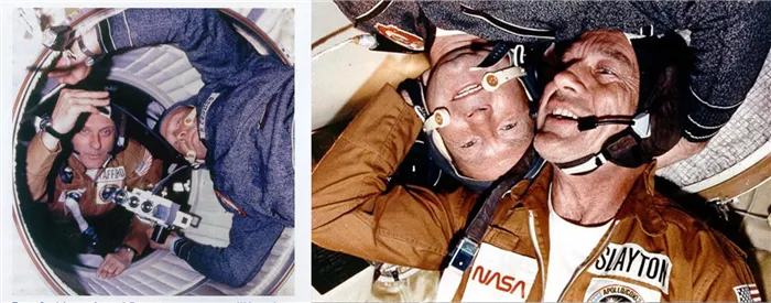 Томас Стаффорд и Алексей Леонов приветствуют друг друга во время миссии по стыковке кораблей Союз-Аполлон в 1975 году