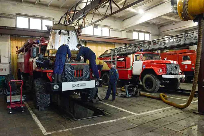 Технический осмотр пожарной машины силами дежурного экипажа