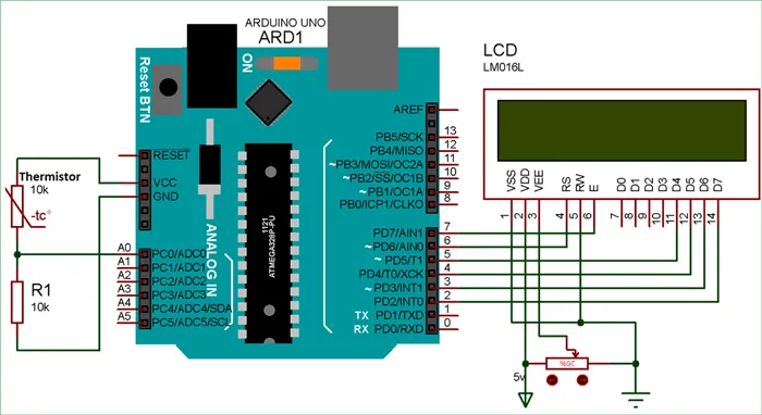 Схема проекта для измерения температуры с помощью терморезистора и Arduino