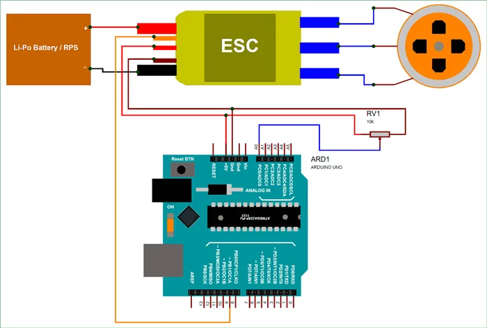 Схема подключения BLDC двигателя и контроллера ESC к плате Arduino
