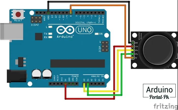 подключим джойстик к Arduino UNO по схеме.