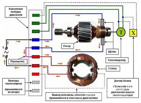 На фото представлена ​​схема подключения коллекторного двигателя (цоколевка)